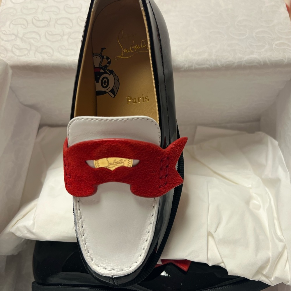 Christian Louboutin Kids Black and White Dress Shoes with Red Detail